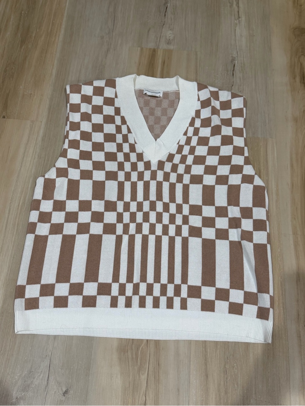 Revolve Lovers + Friends Checkerboard V-Neck Sweater Vest in Cream and Brown